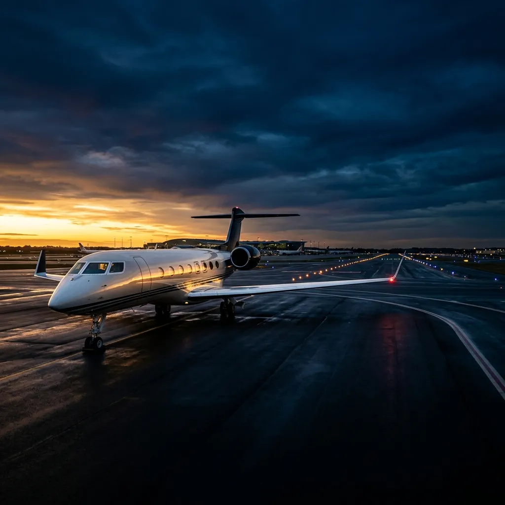 Private jet parked on a runway at sunset