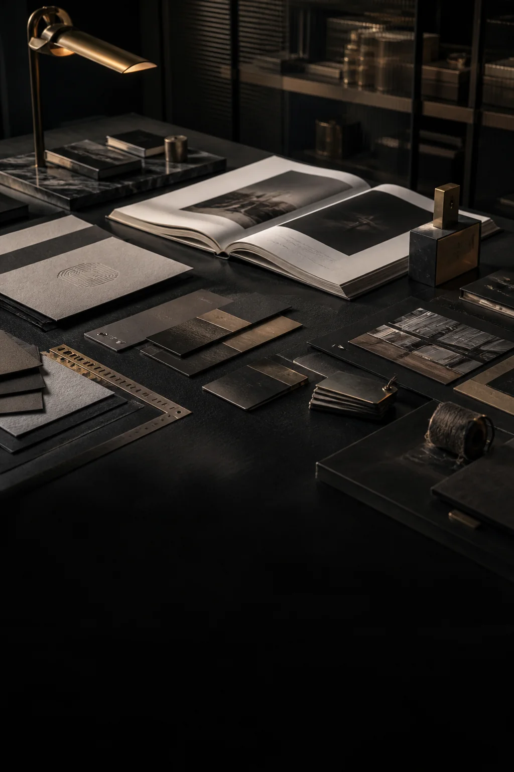 Creative production table with editorial, material, and print samples