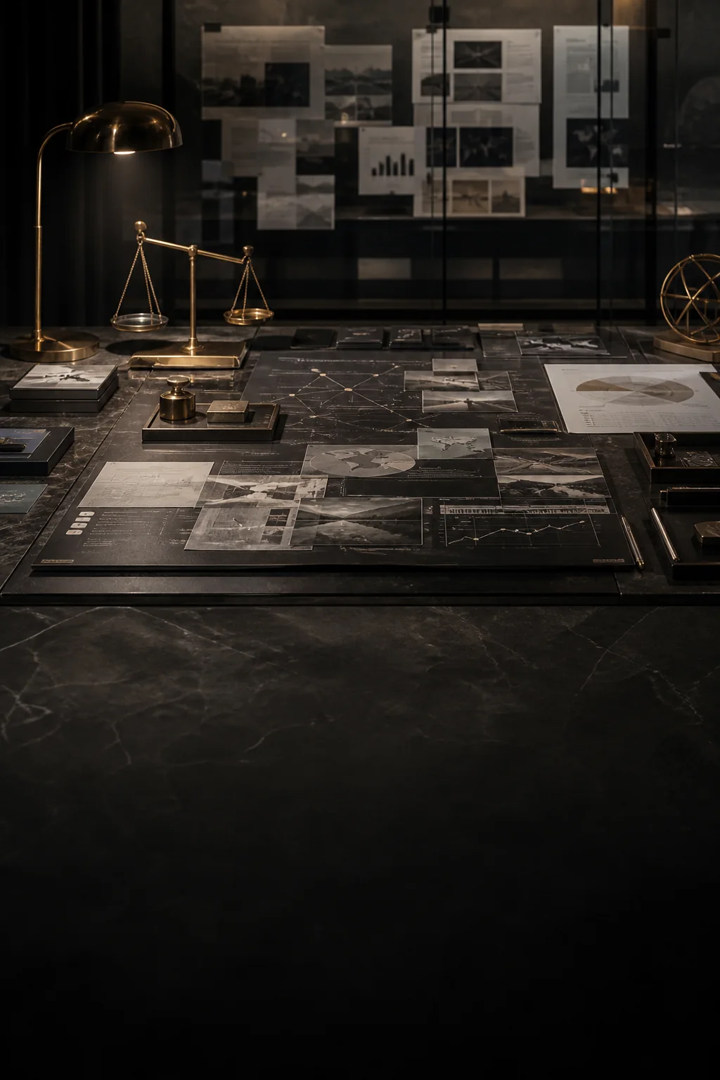 Campaign strategy table with research boards and performance planning materials