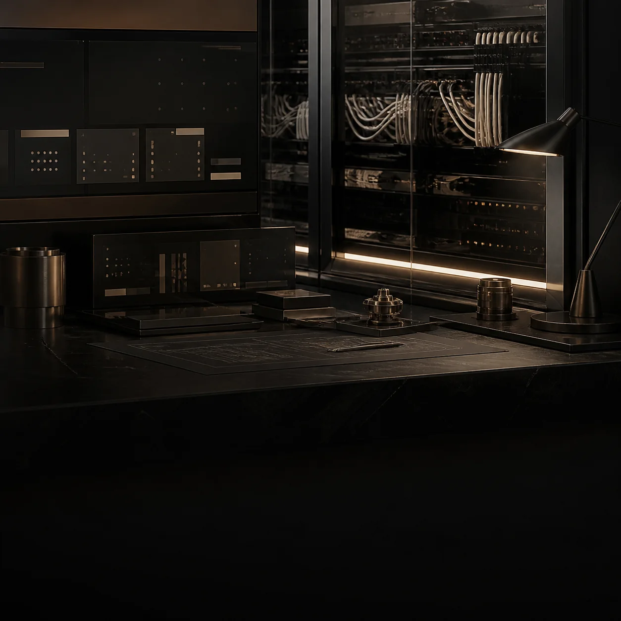 Dark systems engineering studio with server infrastructure and precision components