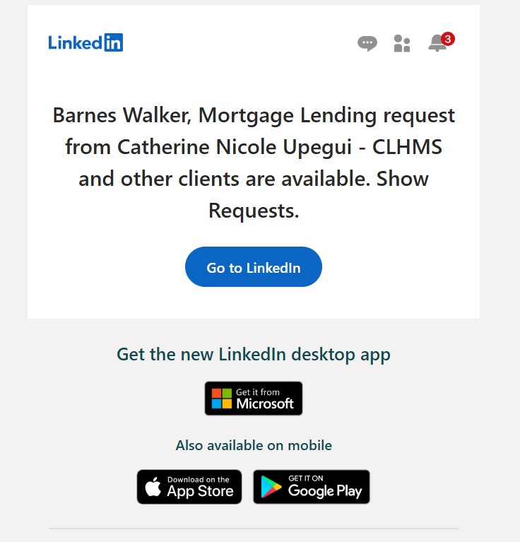 LinkedIn email notification for an inbound Service Request, including the phrase 'and other clients are available.'