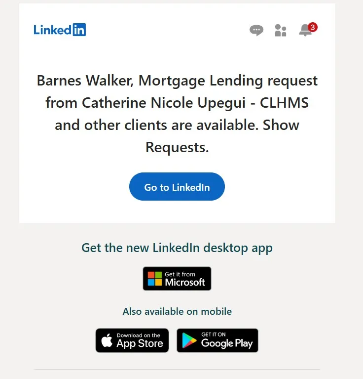 LinkedIn email notification for an inbound Service Request, including the phrase 'and other clients are available.'