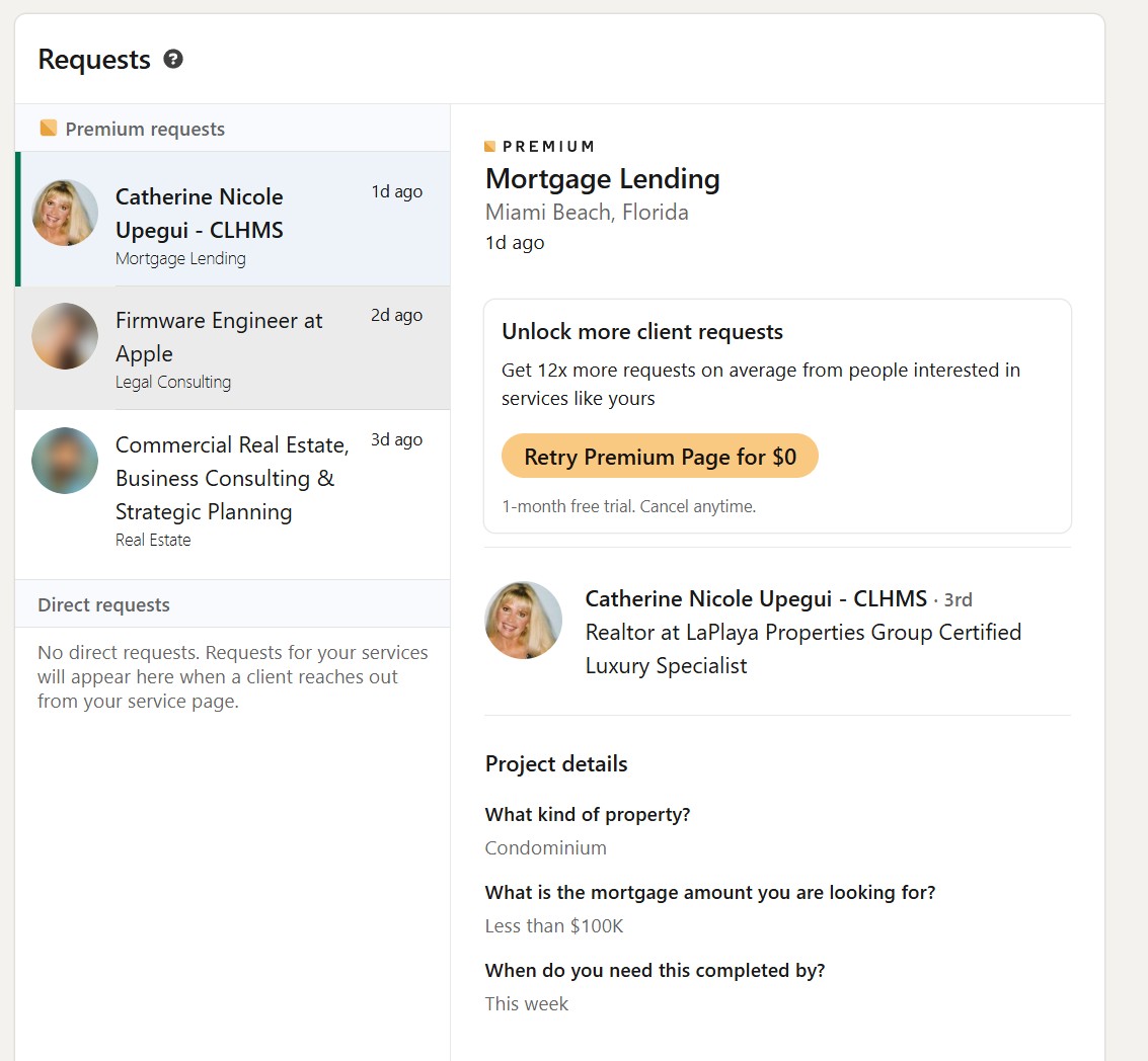 The Requests inbox view. Two of three Premium Requests are blurred behind a paywall offering a $0 trial of LinkedIn Premium.