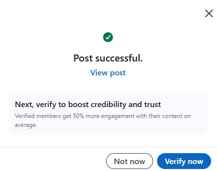 The post confirmation dialog after publishing a LinkedIn post.