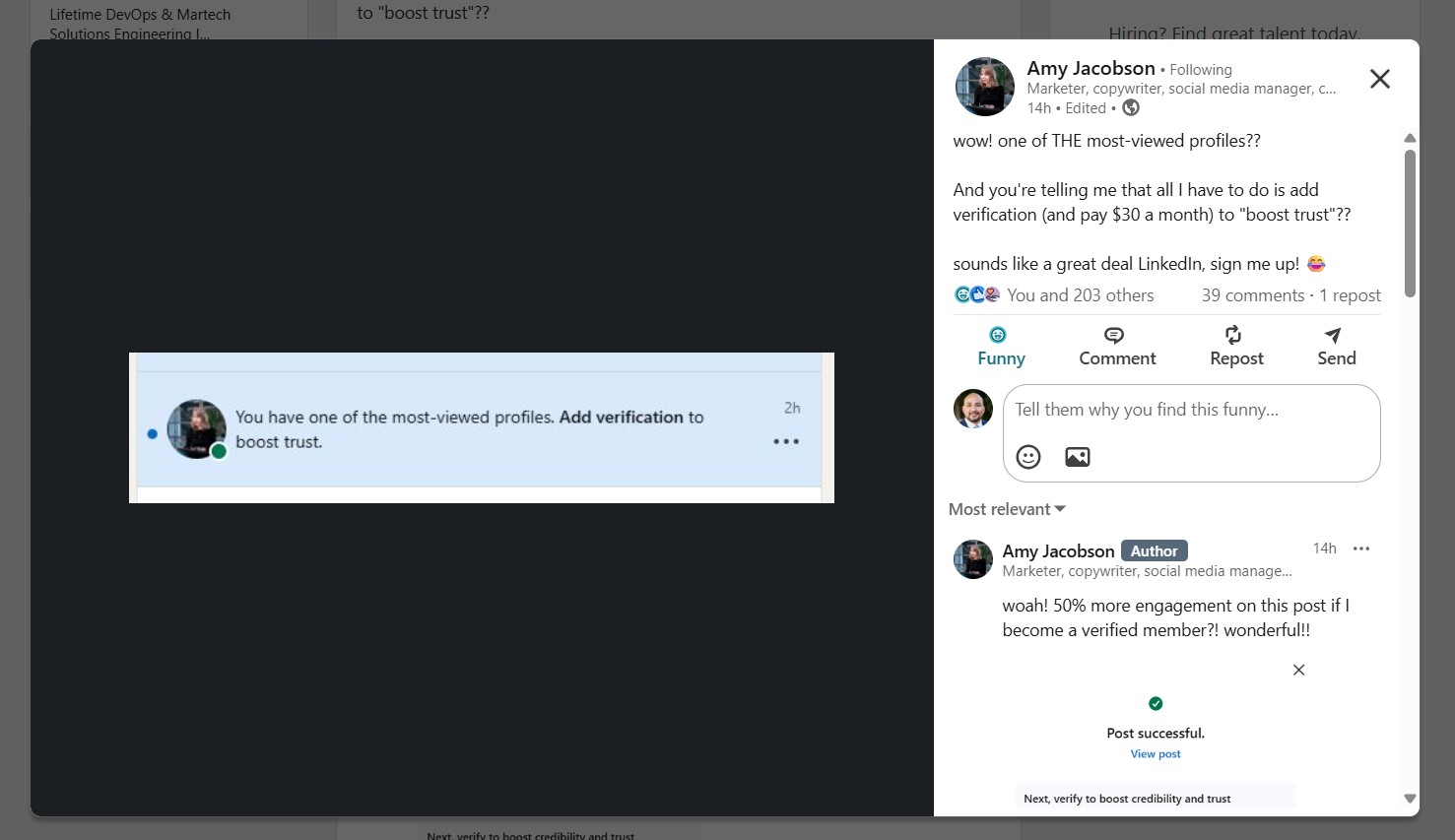 Amy Jacobson's April 2026 LinkedIn post mocking the verification upsell. 204 reactions, 39 comments, 1 repost within 14 hours.