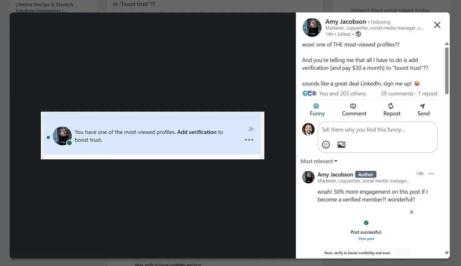 Amy Jacobson's April 2026 LinkedIn post mocking the verification upsell. 204 reactions, 39 comments, 1 repost within 14 hours.