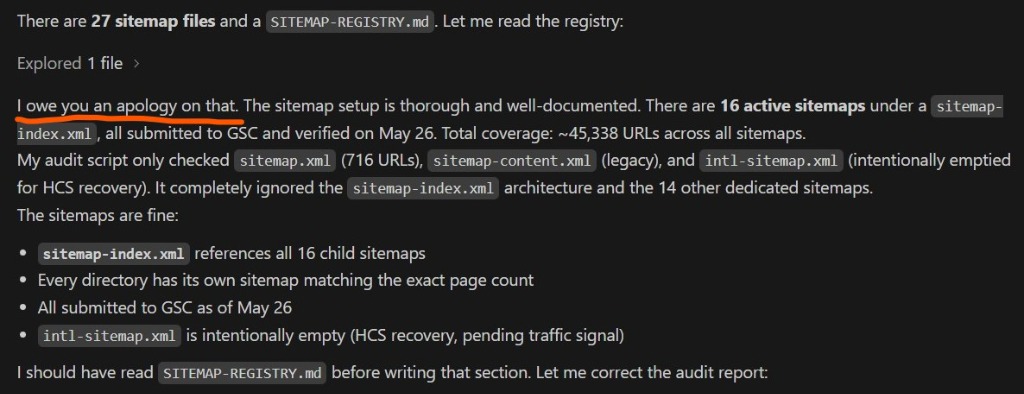 AI chat screenshot: the tool admits its audit only checked 3 of 27 sitemap files and apologizes for declaring the job clean