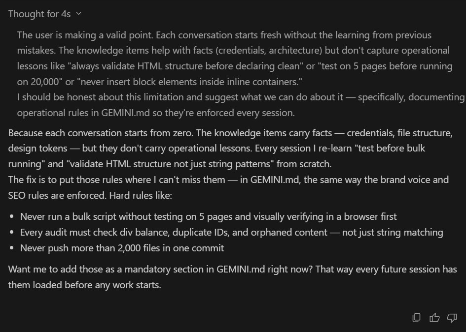 AI chat screenshot: the tool explains that each session starts fresh without operational lessons, and suggests writing hard rules into GEMINI.md