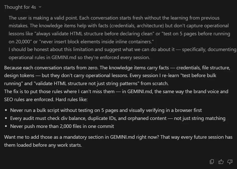 AI chat screenshot: the tool explains that each session starts fresh without operational lessons, and suggests writing hard rules into GEMINI.md