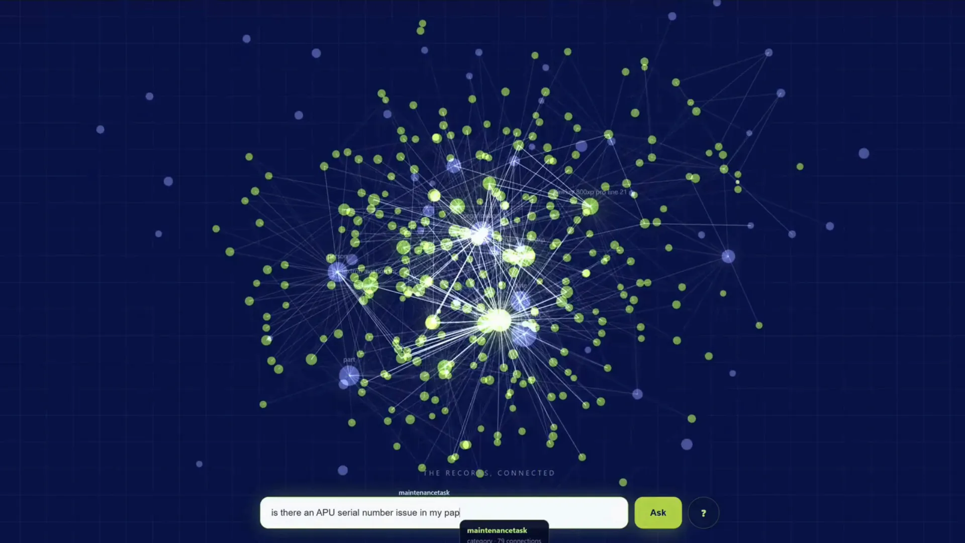 The deployed graph interface: an entity network of the maintenance archive with a question being typed into the ask bar