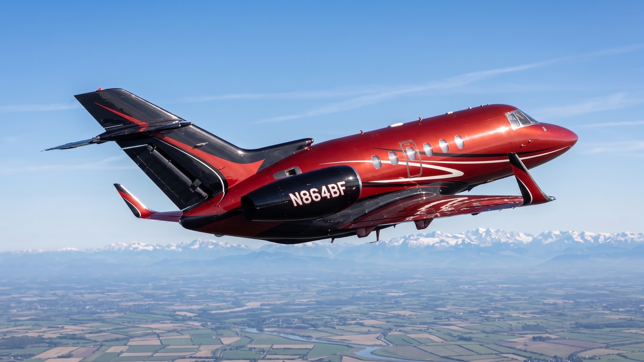 N864BF climbing over a mountain landscape