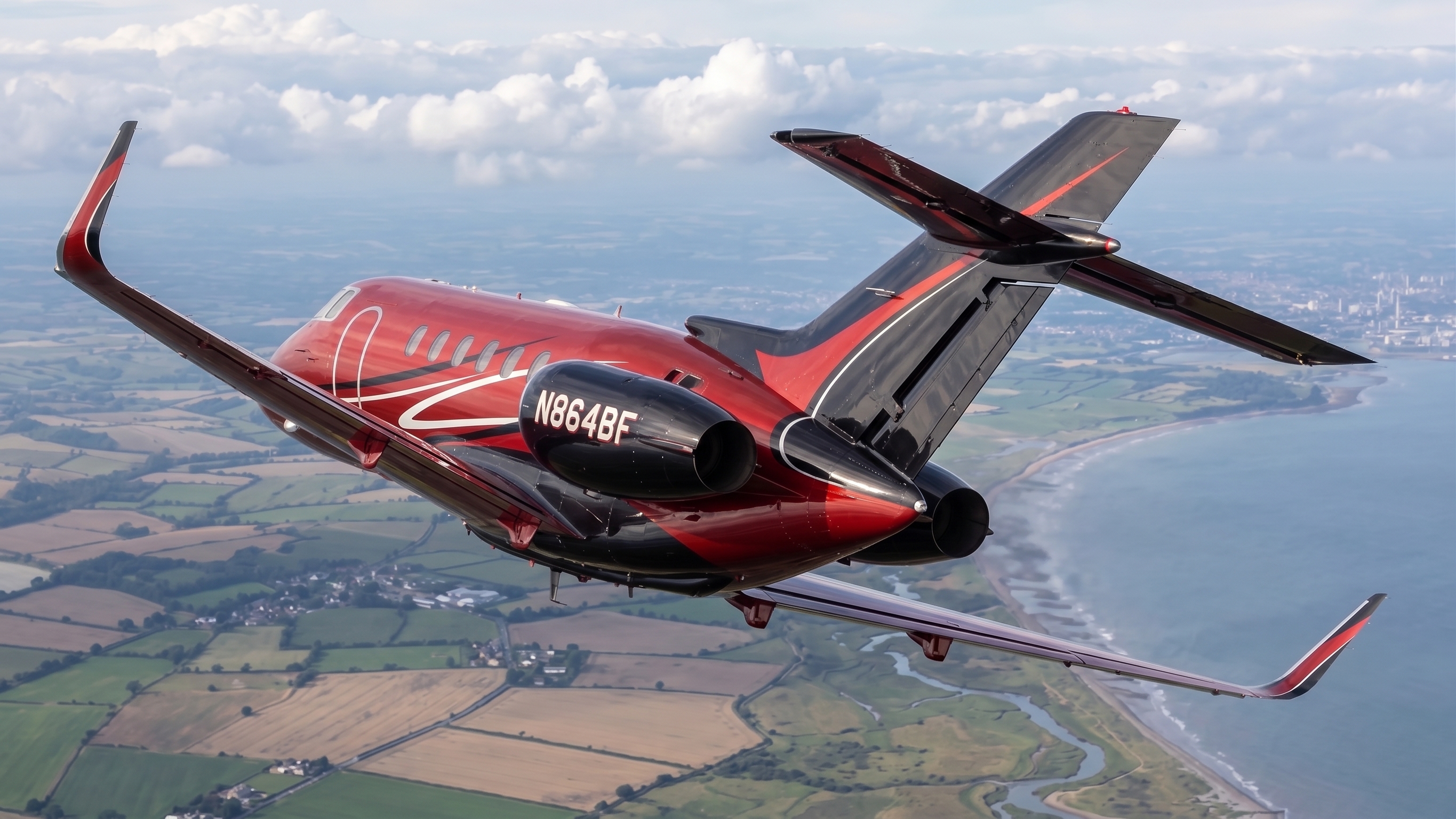Rear three-quarter view of N864BF banking in flight